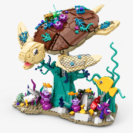Sea turtle mecha building block model, three-quarter angle view showing shell and flipper detail