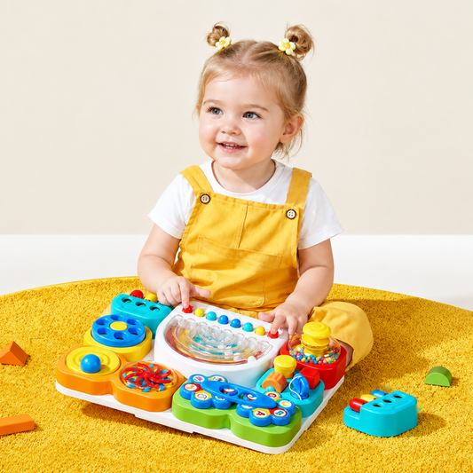 Toddler sitting on a rug playing with the sensory busy board, pressing the bead arch and spinner modules