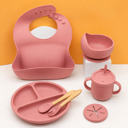 7-piece silicone baby feeding set — Dark Pink