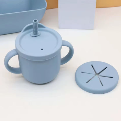 Silicone baby sippy cup with straw lid and snack lid