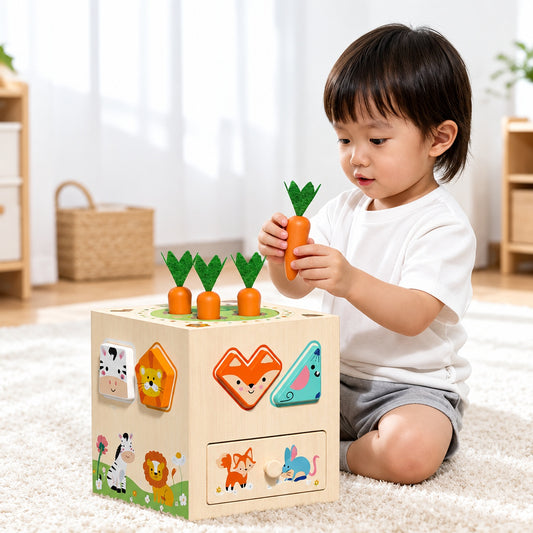 Toddler playing with the wooden shape sorting cube and pulling a carrot piece from the top