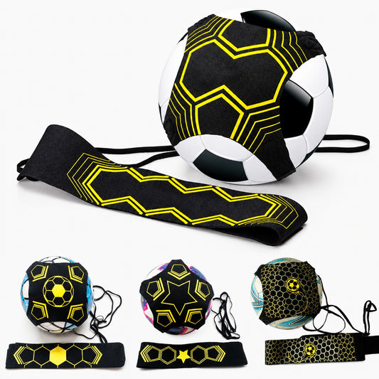 Kids soccer solo training belt with elastic cord, shown with three interchangeable ball pattern covers (honeycomb, star, hexagon)