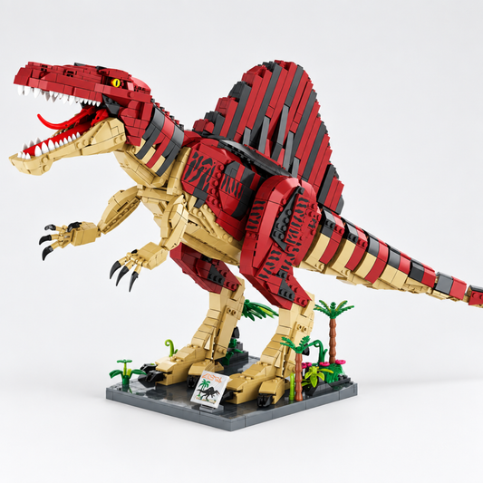 Spinosaurus dinosaur building block model fully assembled, red and black articulated figure, front view