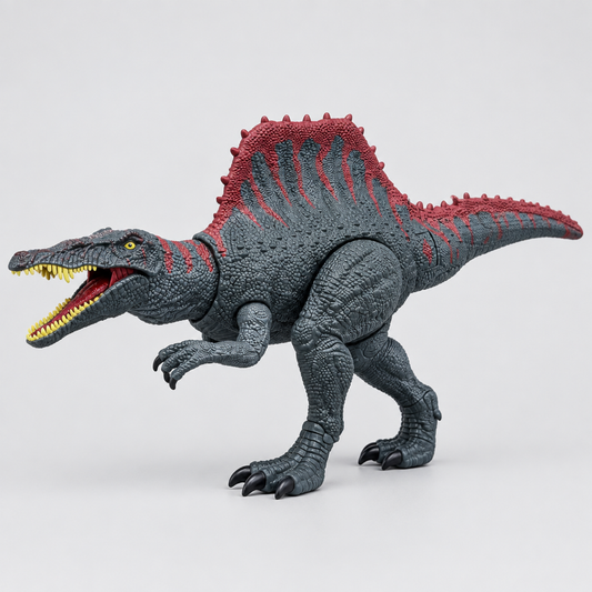 Electric Spinosaurus dinosaur toy in red colourway, full front view studio shot showing light-up spine and textured scales