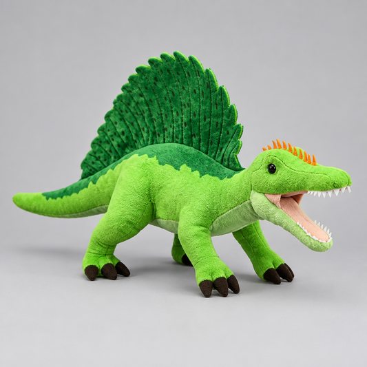 Realistic green Spinosaurus dinosaur plush toy with sail fin in studio setting, three-quarter angle view
