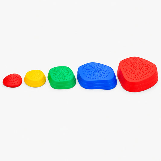 Five balance stepping stones in different sizes side by side