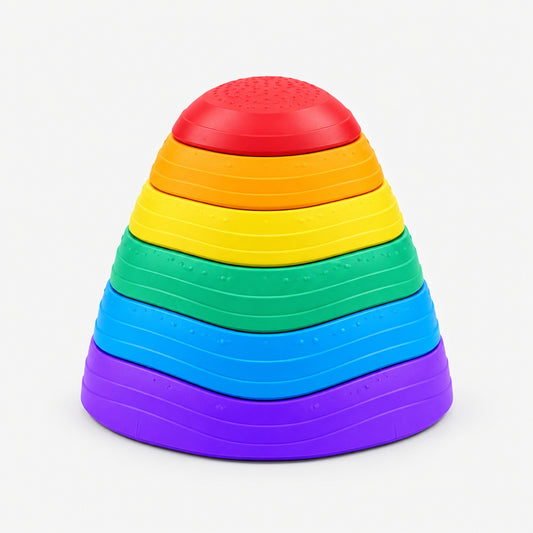 Balance stepping stones nested into a compact rainbow storage stack