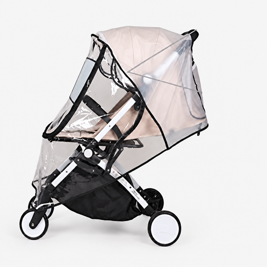 Clear transparent stroller rain cover variant fitted over a lightweight stroller, three-quarter studio view
