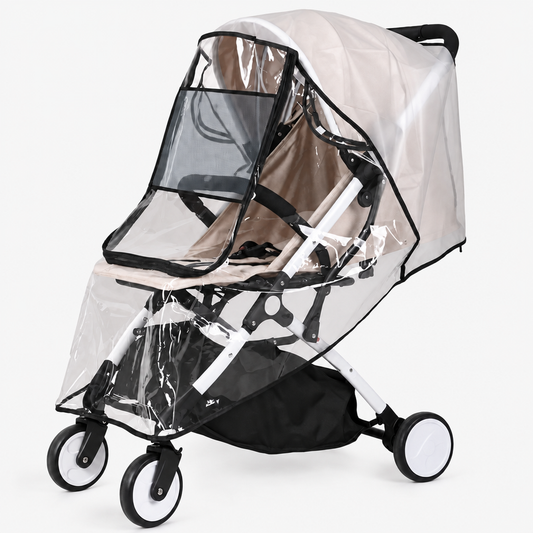 Universal stroller rain cover with mosquito net panel fitted over a lightweight stroller, three-quarter studio view