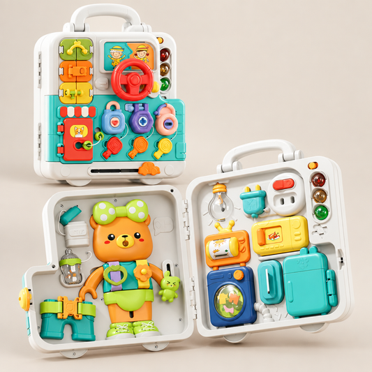 63-in-1 suitcase busy board, closed and open views showing activity panels