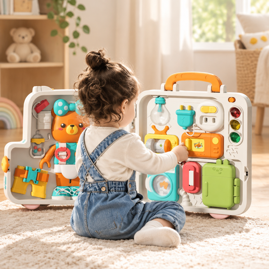 Toddler playing with the 63-in-1 Montessori suitcase busy board