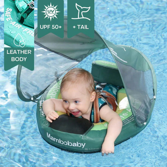 Baby swim float, green fish design, UPF 50+ canopy