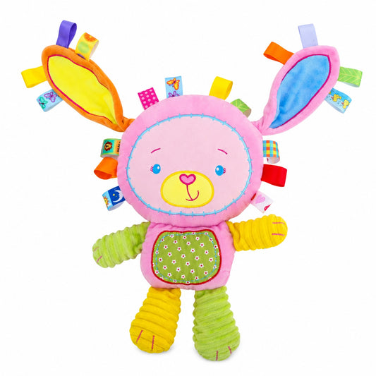 Pink bear taggy plush rattle with colourful crinkle ribbon tags on ears and body