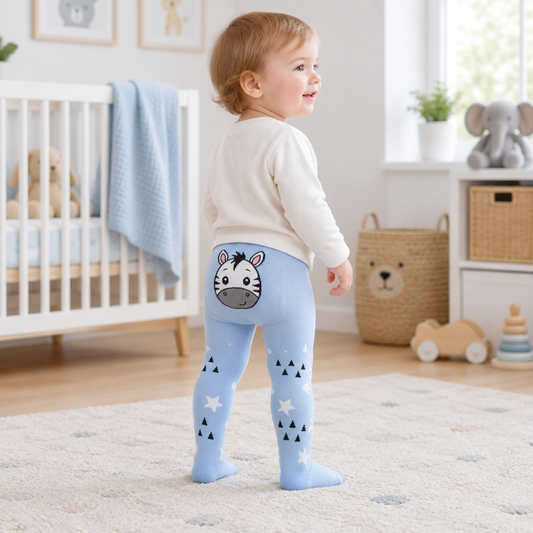 Toddler wearing light blue soft stretch tights with a zebra face print, standing indoors in a nursery