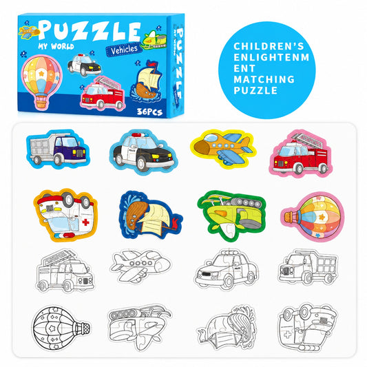 Kids double-sided colouring puzzle, Traffic design, boxed puzzle set with coloured and blank sides