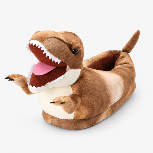 Brown T-Rex dinosaur plush slipper, front view with open-mouth 3D head design