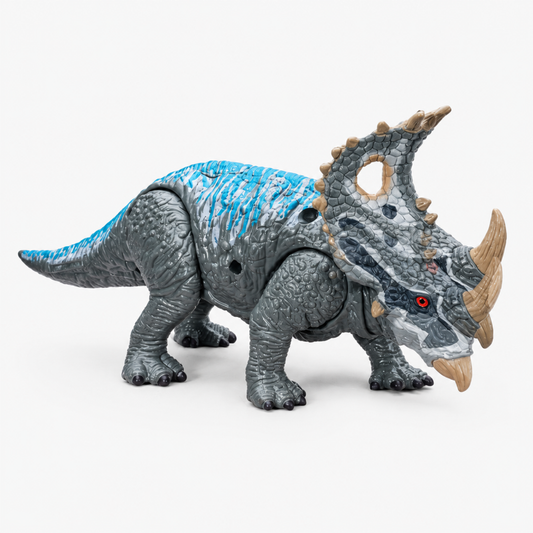 Realistic Triceratops dinosaur action figure toy with movable joints, grey and blue textured body with three facial horns and bony frill, age 3+