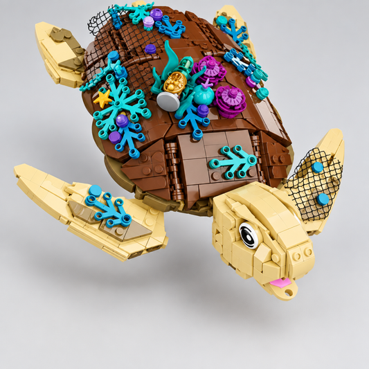 Side view of the 1271-piece sea turtle block model showing the articulated flippers and head on its display base