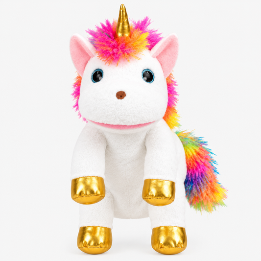 White unicorn hand puppet front view with mouth closed, gold horn and gold hooves