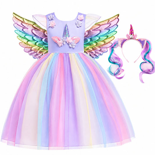 Girls unicorn tutu dress in lavender purple with iridescent wings and unicorn headband, front view