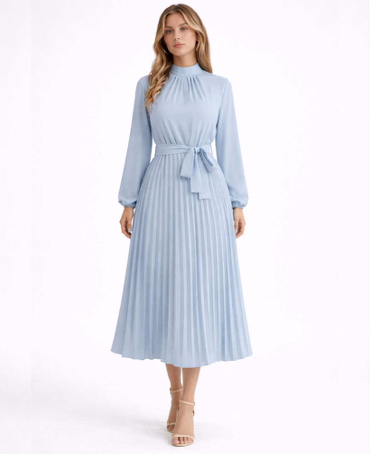 Pleated Midi Dress Women – Stand Collar & Belted Waist, Elegant Office Formal