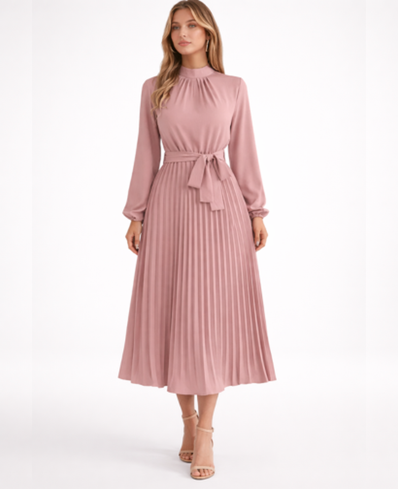 Pleated Midi Dress Women – Stand Collar & Belted Waist, Elegant Office Formal