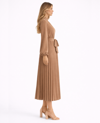 Pleated Midi Dress Women – Stand Collar & Belted Waist, Elegant Office Formal