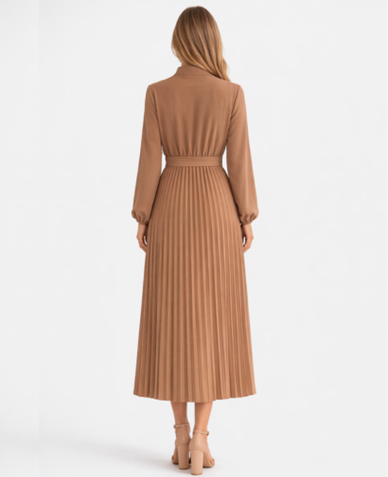 Pleated Midi Dress Women – Stand Collar & Belted Waist, Elegant Office Formal