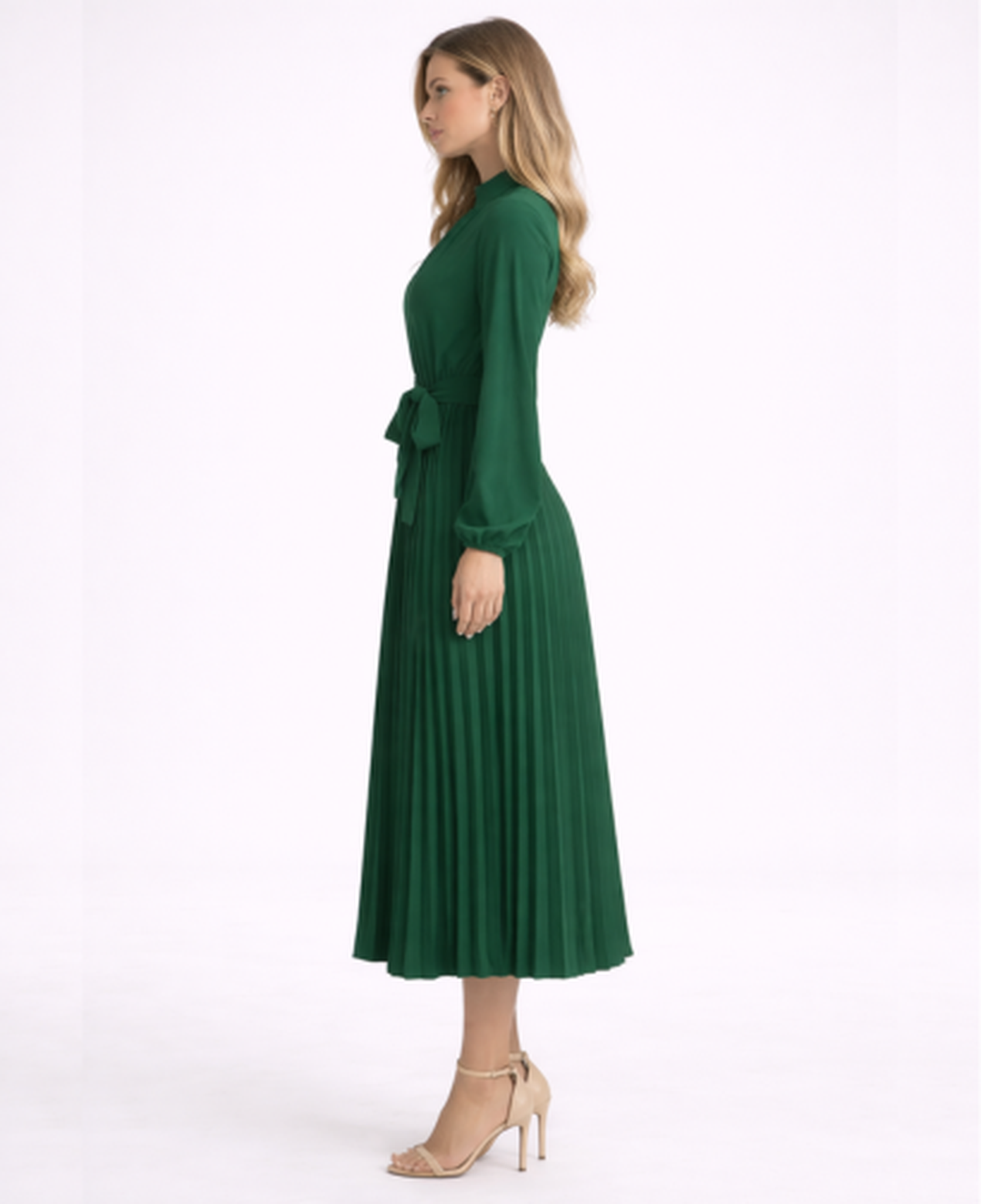 Pleated Midi Dress Women – Stand Collar & Belted Waist, Elegant Office Formal