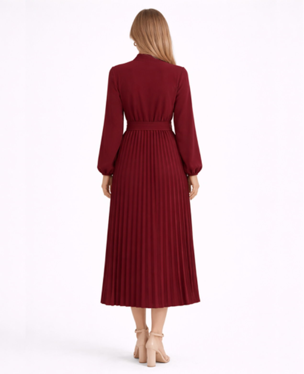 Pleated Midi Dress Women – Stand Collar & Belted Waist, Elegant Office Formal