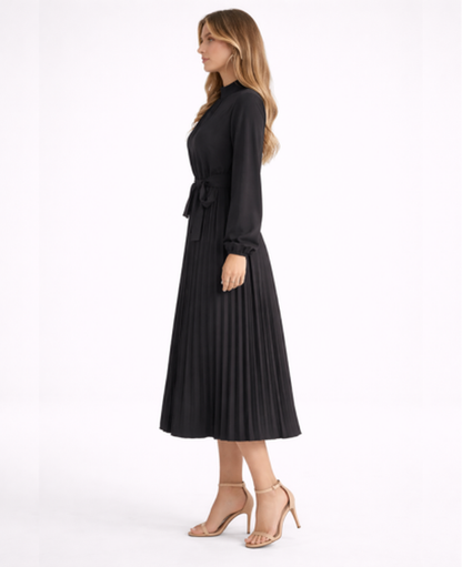 Pleated Midi Dress Women – Stand Collar & Belted Waist, Elegant Office Formal