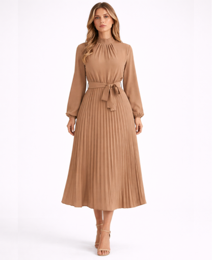 Pleated Midi Dress Women – Stand Collar & Belted Waist, Elegant Office Formal