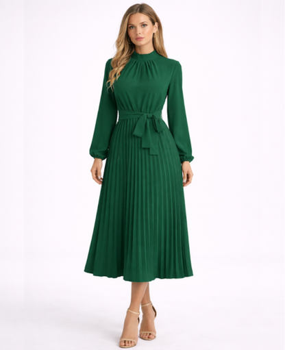 Pleated Midi Dress Women – Stand Collar & Belted Waist, Elegant Office Formal