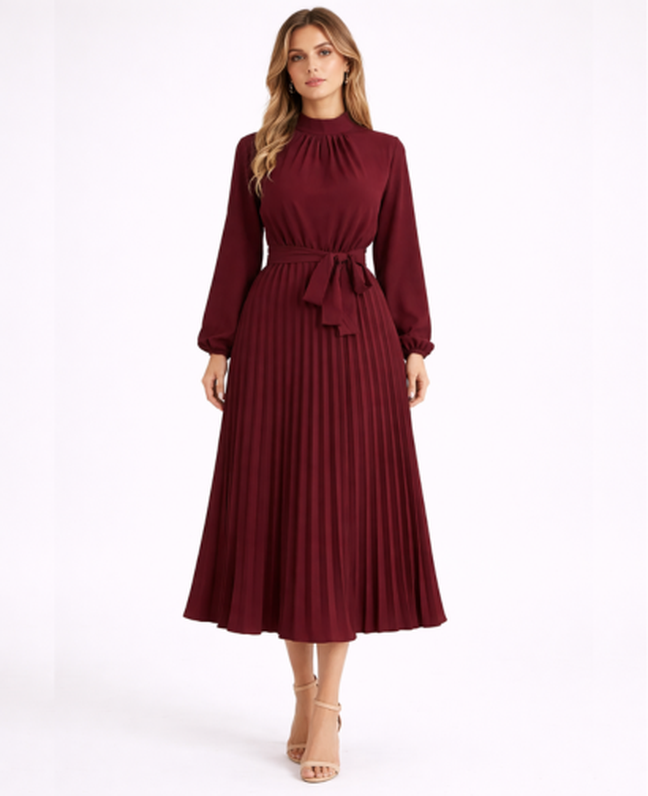 Pleated Midi Dress Women – Stand Collar & Belted Waist, Elegant Office Formal