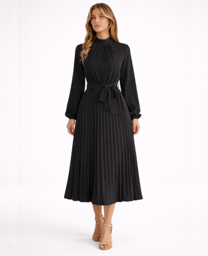 Pleated Midi Dress Women – Stand Collar & Belted Waist, Elegant Office Formal