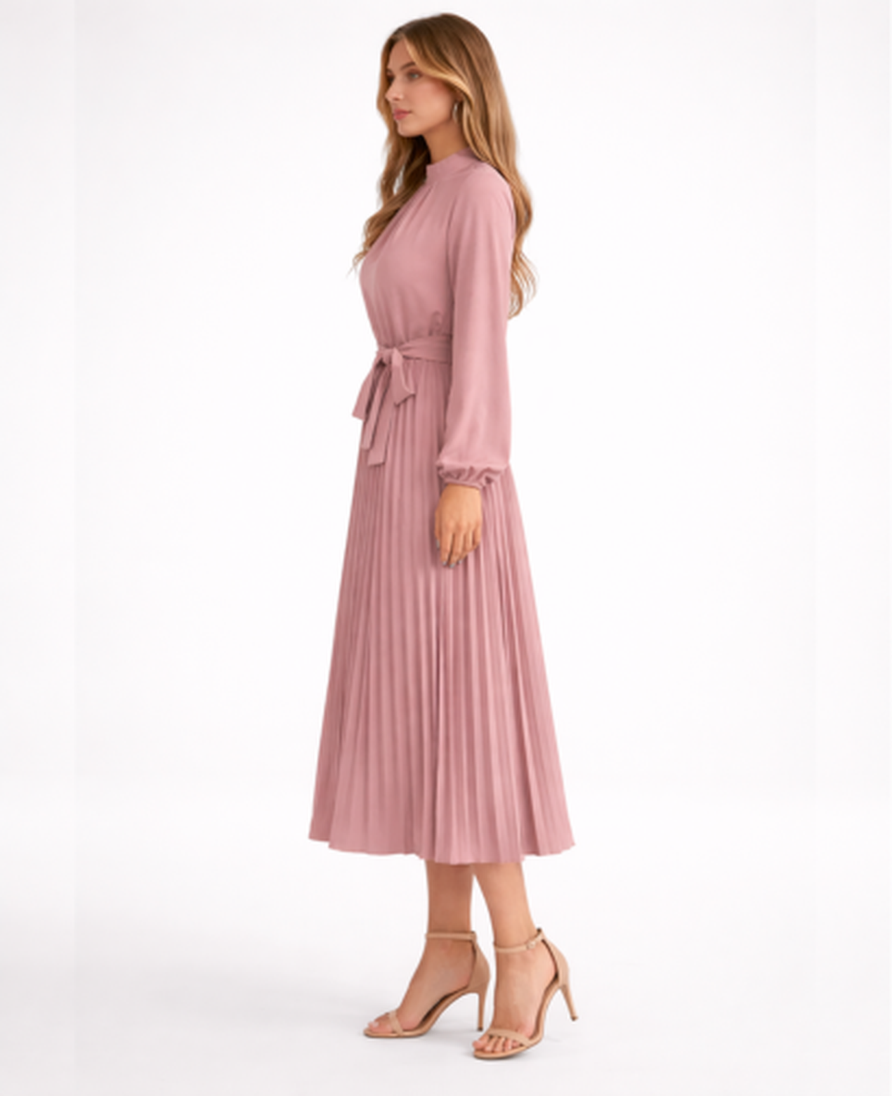 Pleated Midi Dress Women – Stand Collar & Belted Waist, Elegant Office Formal