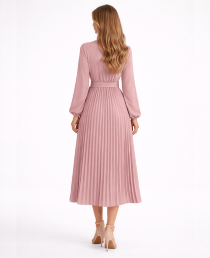 Pleated Midi Dress Women – Stand Collar & Belted Waist, Elegant Office Formal