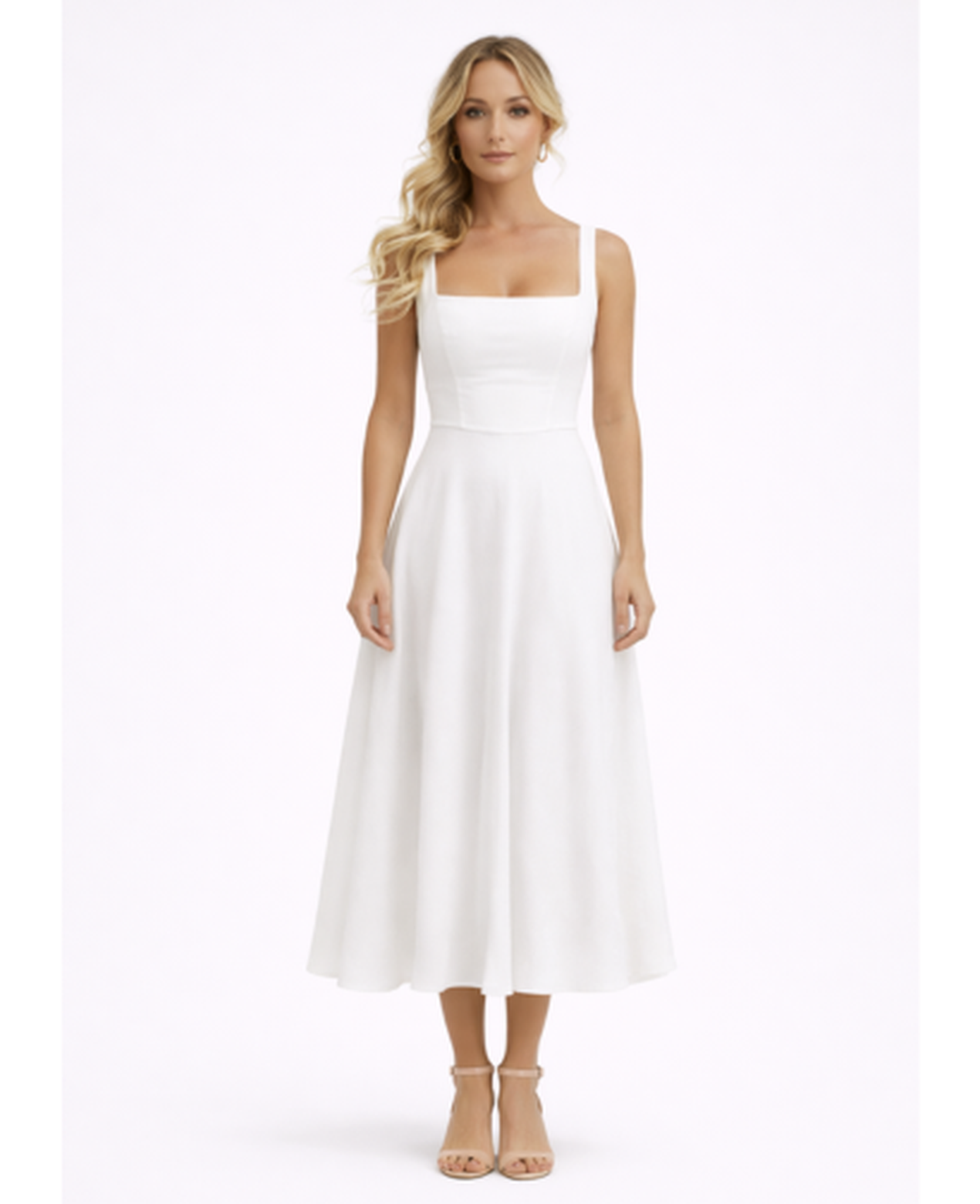 Flared Midi Dress Women – Square Neckline & Thin Straps, Garden Party Summer Chic