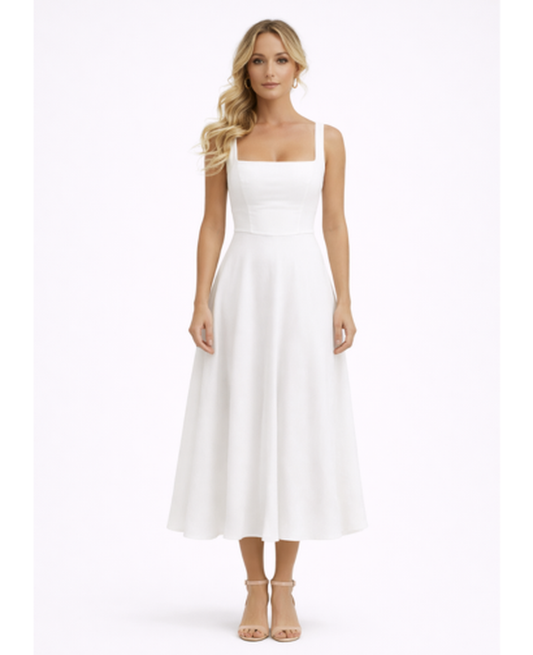 Flared Midi Dress Women – Square Neckline & Thin Straps, Garden Party Summer Chic