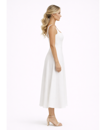 Flared Midi Dress Women – Square Neckline & Thin Straps, Garden Party Summer Chic