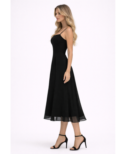Flared Midi Dress Women – Square Neckline & Thin Straps, Garden Party Summer Chic