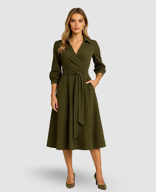 Belted A-Line Midi Dress Women – Shirt Collar & Side Pockets, Office to Patio Canada