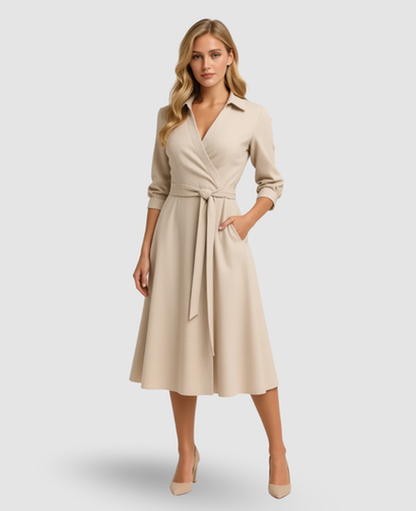 Belted A-Line Midi Dress Women – Shirt Collar & Side Pockets, Office to Patio Canada