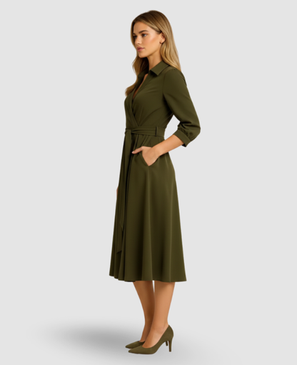 Belted A-Line Midi Dress Women – Shirt Collar & Side Pockets, Office to Patio Canada