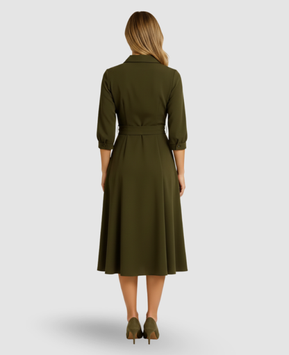 Belted A-Line Midi Dress Women – Shirt Collar & Side Pockets, Office to Patio Canada