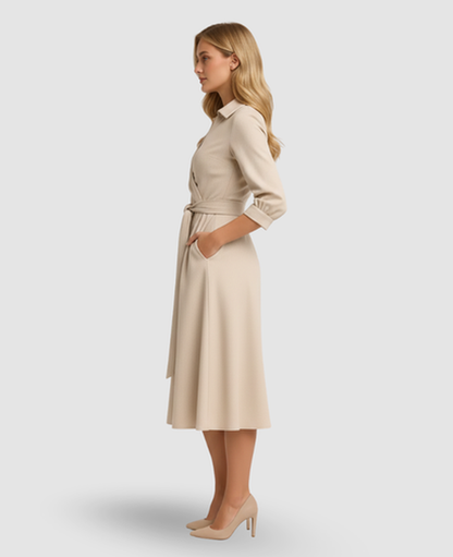 Belted A-Line Midi Dress Women – Shirt Collar & Side Pockets, Office to Patio Canada