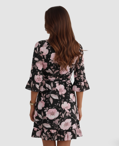 Floral Wrap Mini Dress Women – Ruffle Sleeve & Tie Waist, Summer Garden Party Canada