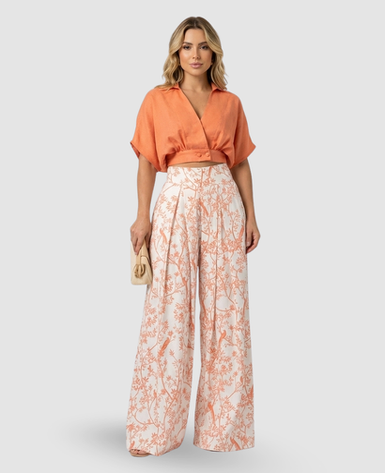 Floral Bird-Print Two-Piece Set Women – Cropped Wrap Top & Wide-Leg Trousers, Summer Elegant Chic