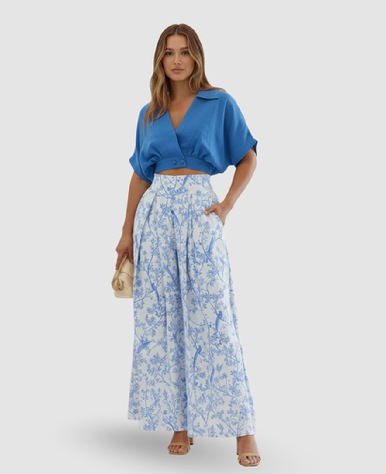 Floral Bird-Print Two-Piece Set Women – Cropped Wrap Top & Wide-Leg Trousers, Summer Elegant Chic