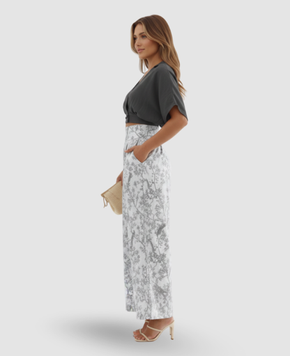 Floral Bird-Print Two-Piece Set Women – Cropped Wrap Top & Wide-Leg Trousers, Summer Elegant Chic